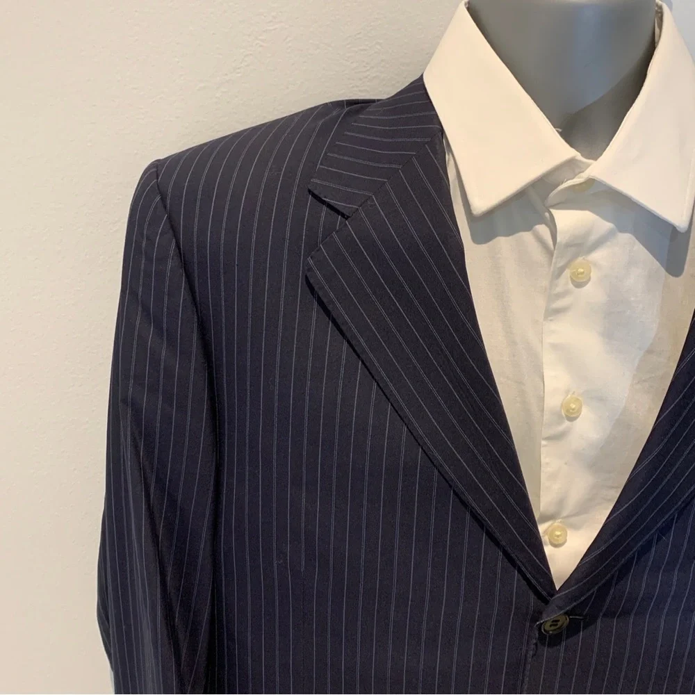 Italian Canali Mens Three Button Notched Blazer Jacket navy Pinstriped Wool Sz44